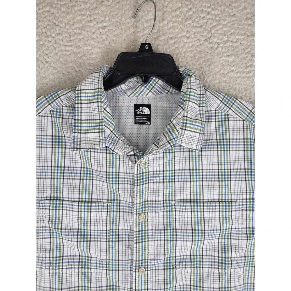 North Face Shirt Mens L Plaid Short Sleeve Button Up Green Blue Outdoor
